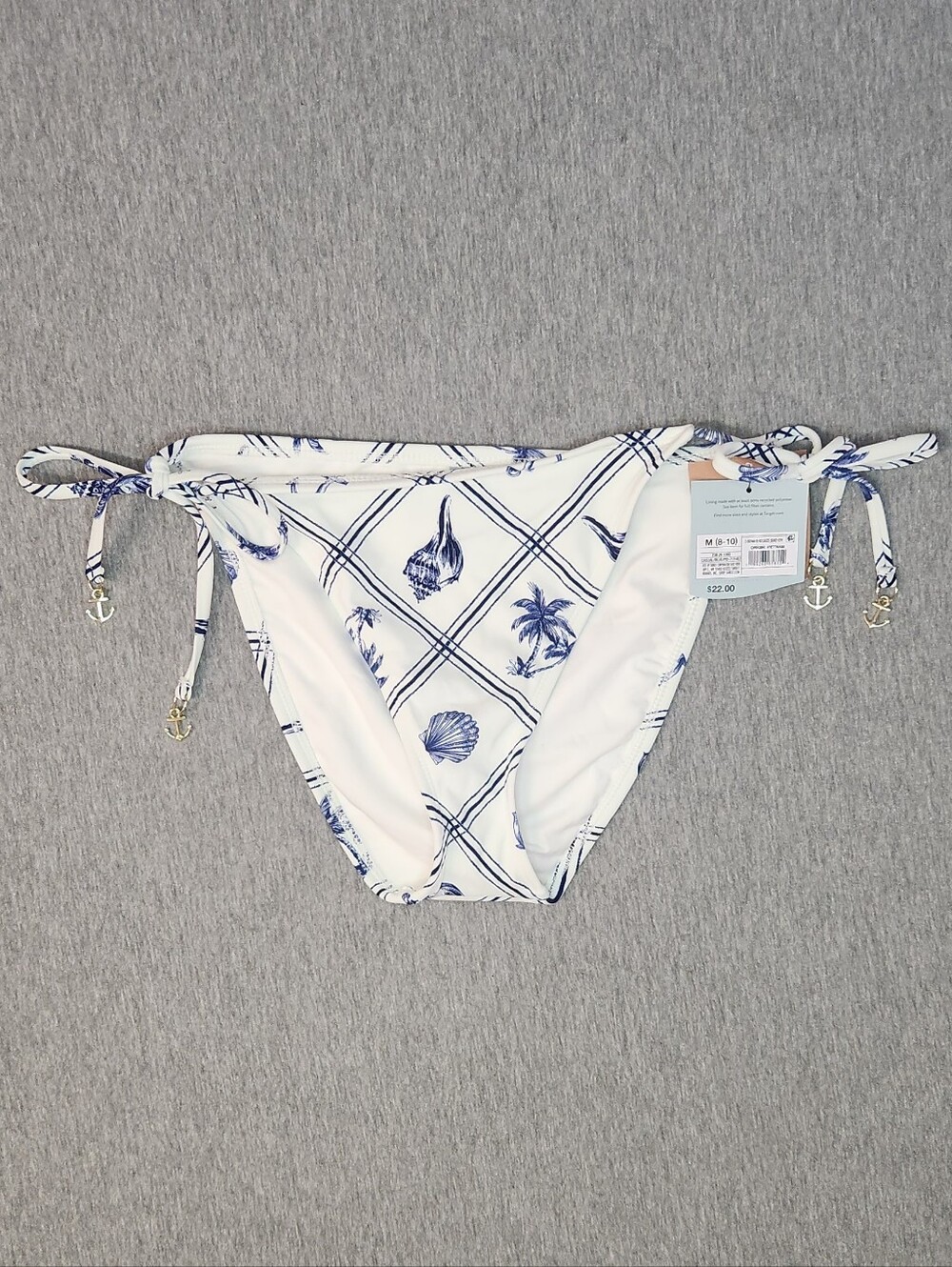 Shade & Shore Shell Print Anchor Charm Cheeky Bikini Bottom Blue/White M